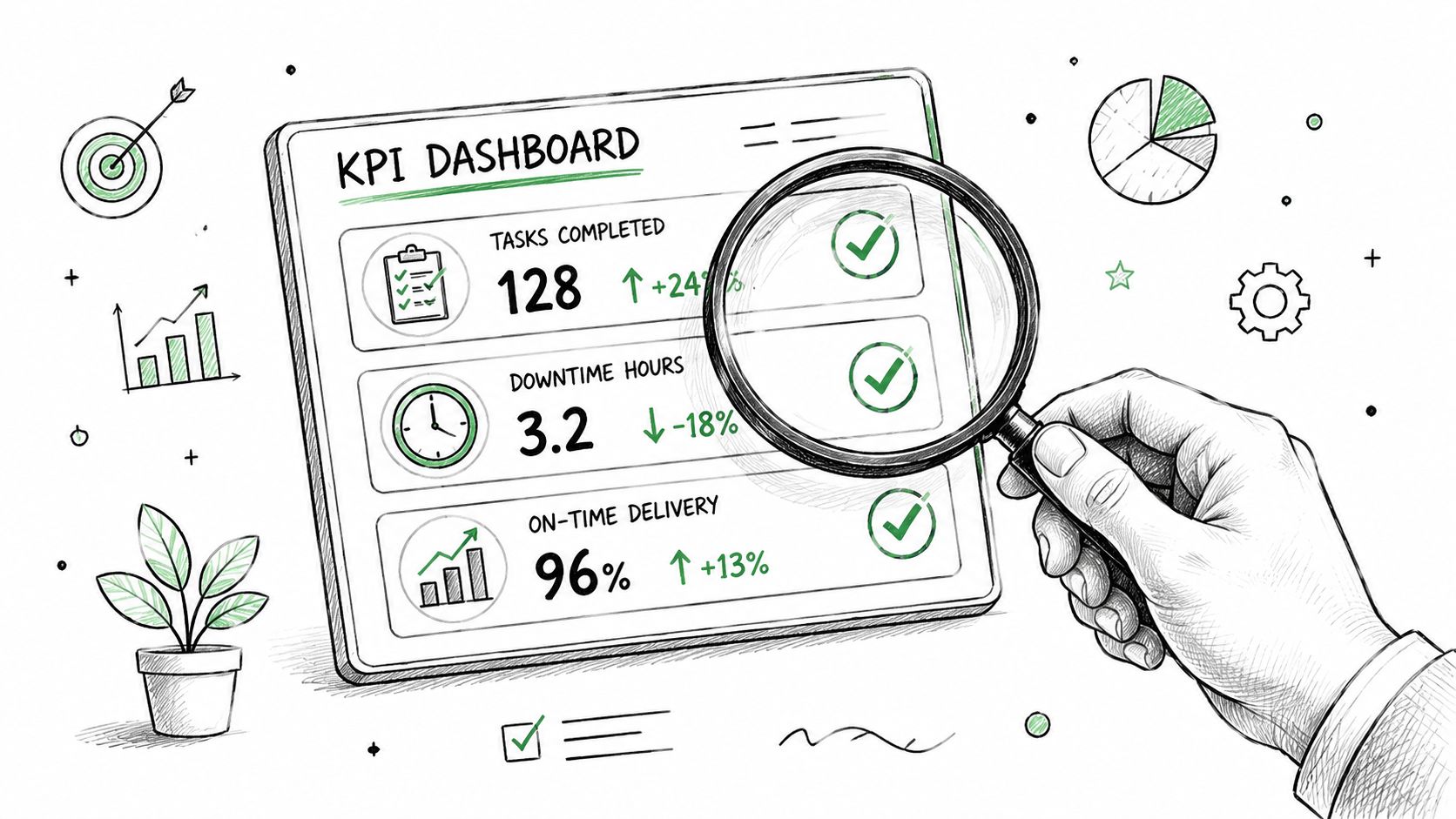 A hand holding a magnifying glass over a KPI dashboard showing performance metrics and growth statistics.