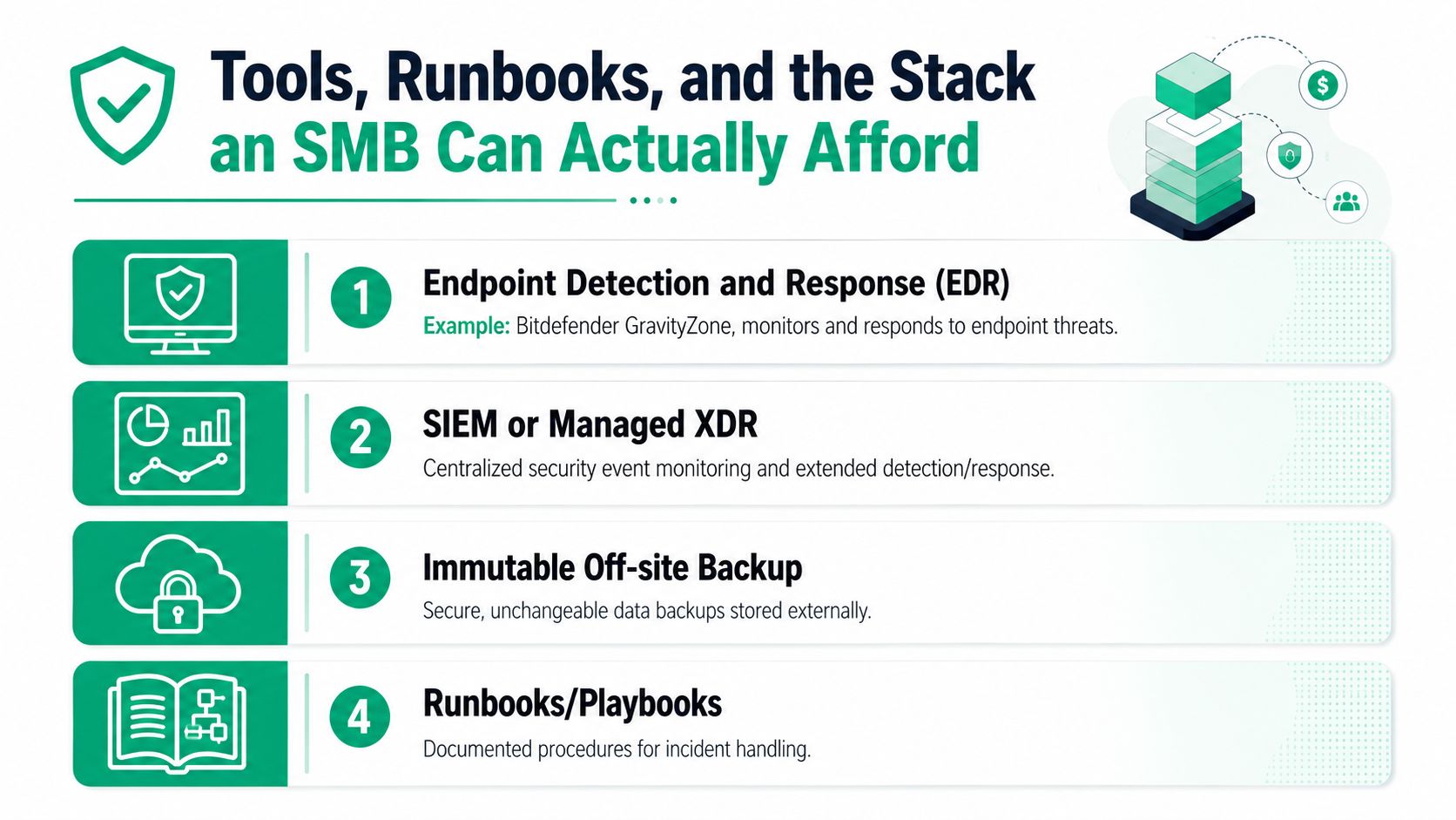 An infographic showing four essential cybersecurity tools and runbooks for small and medium-sized businesses.