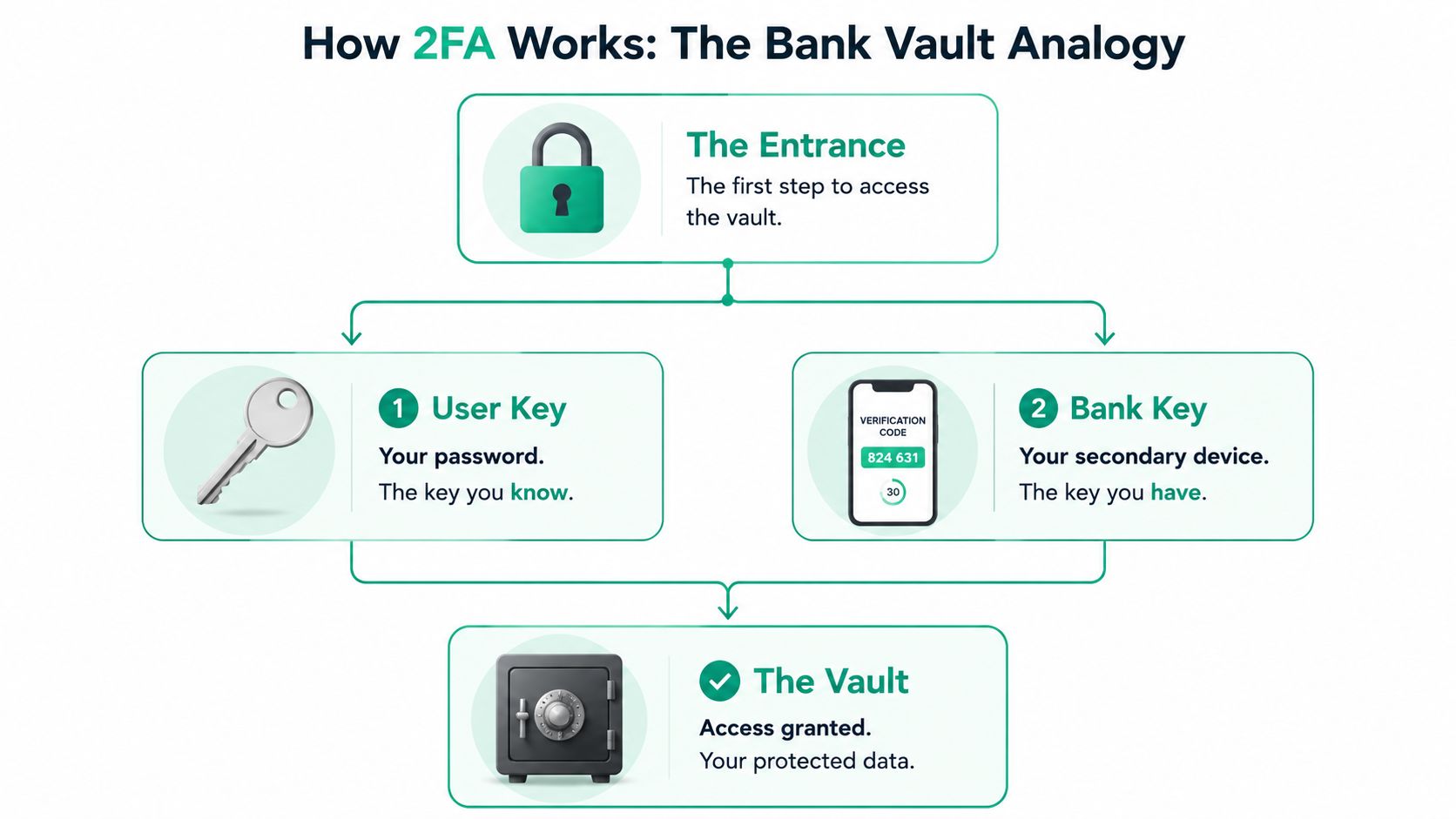 A diagram explaining two-factor authentication using the analogy of a bank vault with two keys.