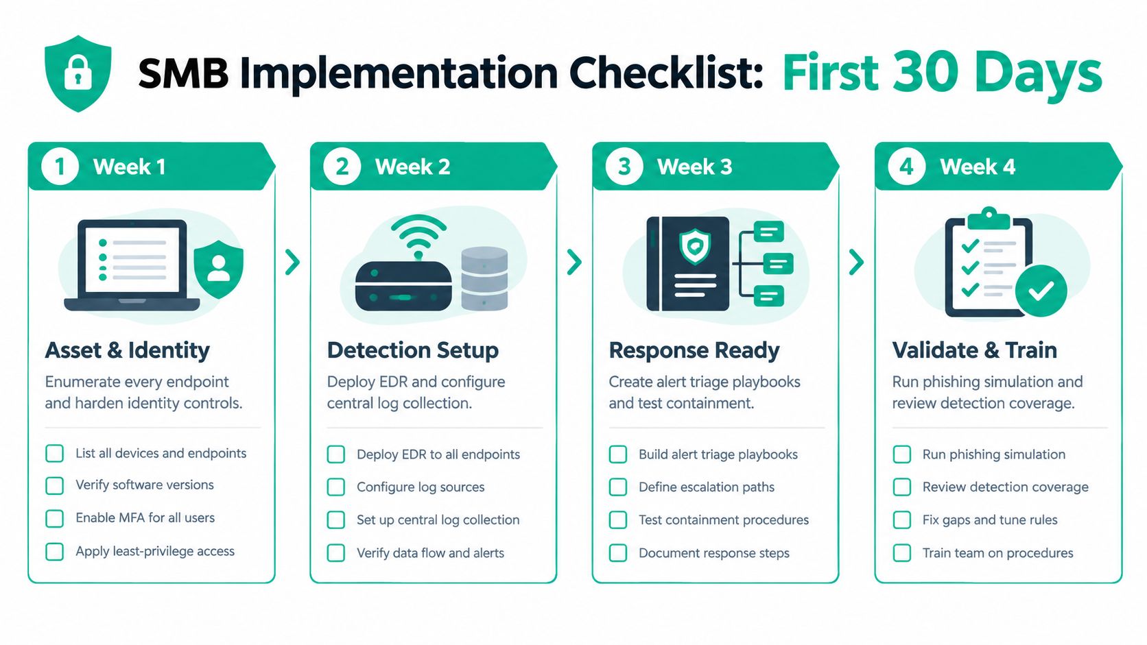 A four-week cybersecurity implementation checklist for small businesses covering asset management, detection setup, response, and training.