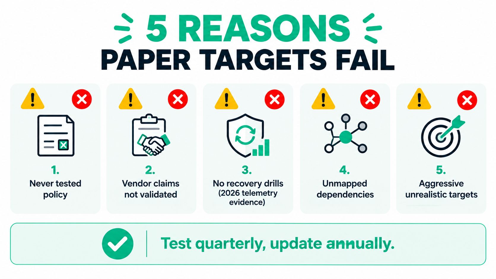 An infographic detailing five reasons why paper-based disaster recovery targets often fail in business environments.