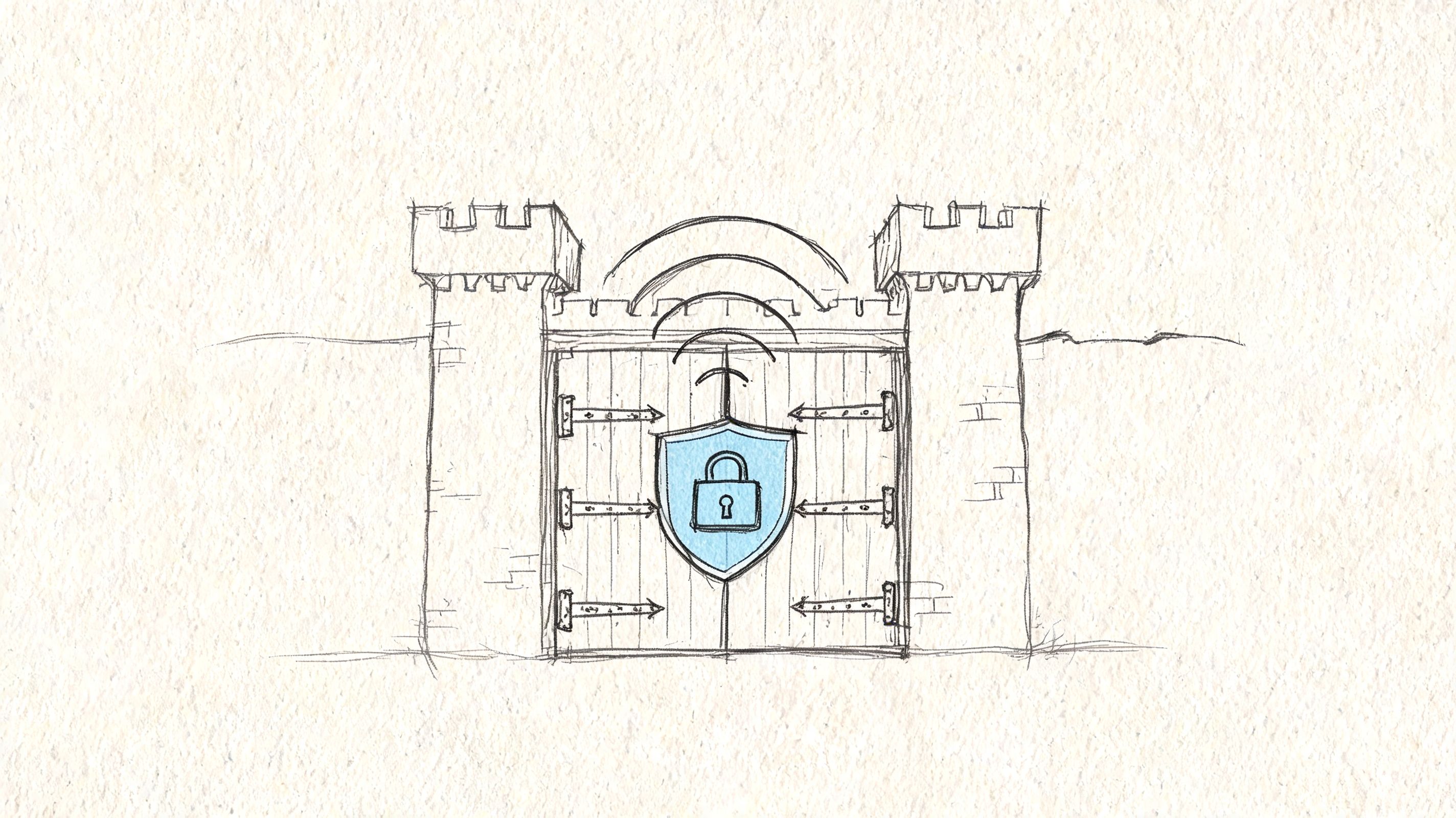 A hand-drawn sketch of a castle gate protected by a digital shield and padlock security icon.