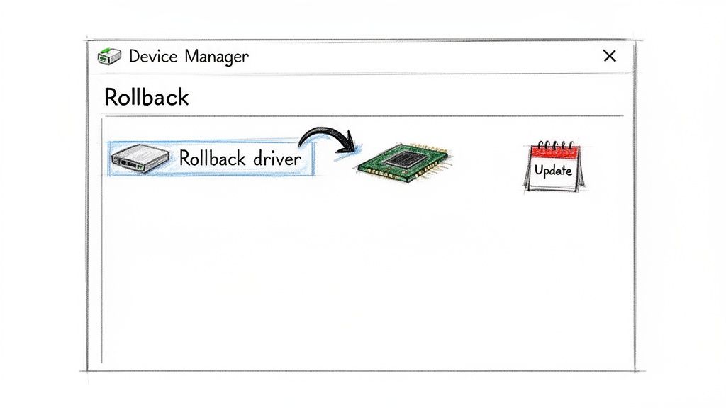 A sketched Device Manager window illustrating 'Rollback driver' functionality with an arrow pointing to a CPU and an 'Update' calendar.