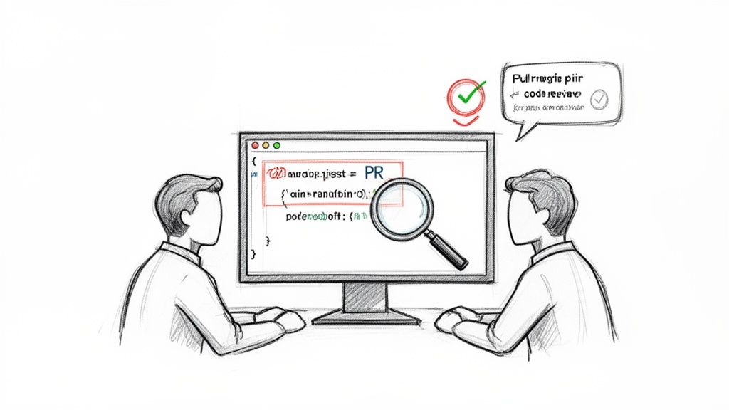 Two developers collaborating on a code review, examining a pull request on a computer screen.