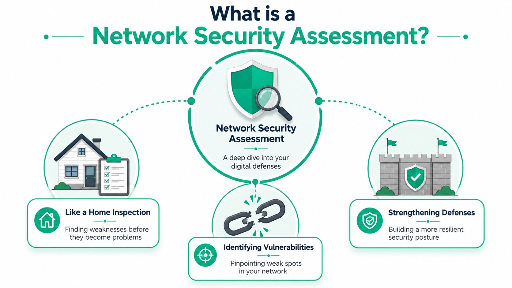 An infographic titled What is a Network Security Assessment illustrating vulnerability identification and strengthening digital defense strategies.