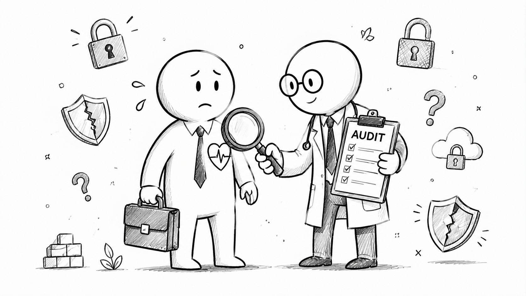 A cartoon illustration showing an auditor examining a stressed employee holding a briefcase during an IT security audit.