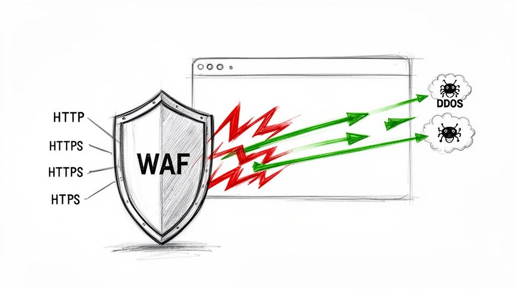 A WAF shield filters HTTP and HTTPS traffic, blocking web application attacks like DDoS for security.