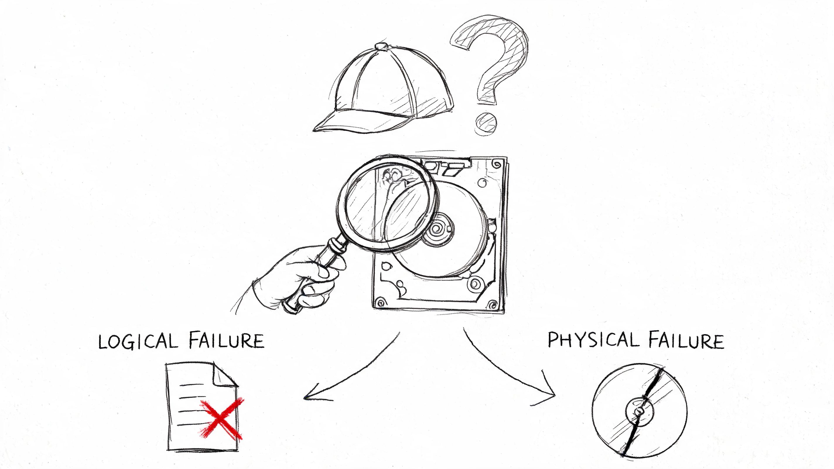 A pencil sketch illustrating the difference between logical failure and physical failure in hard drives.