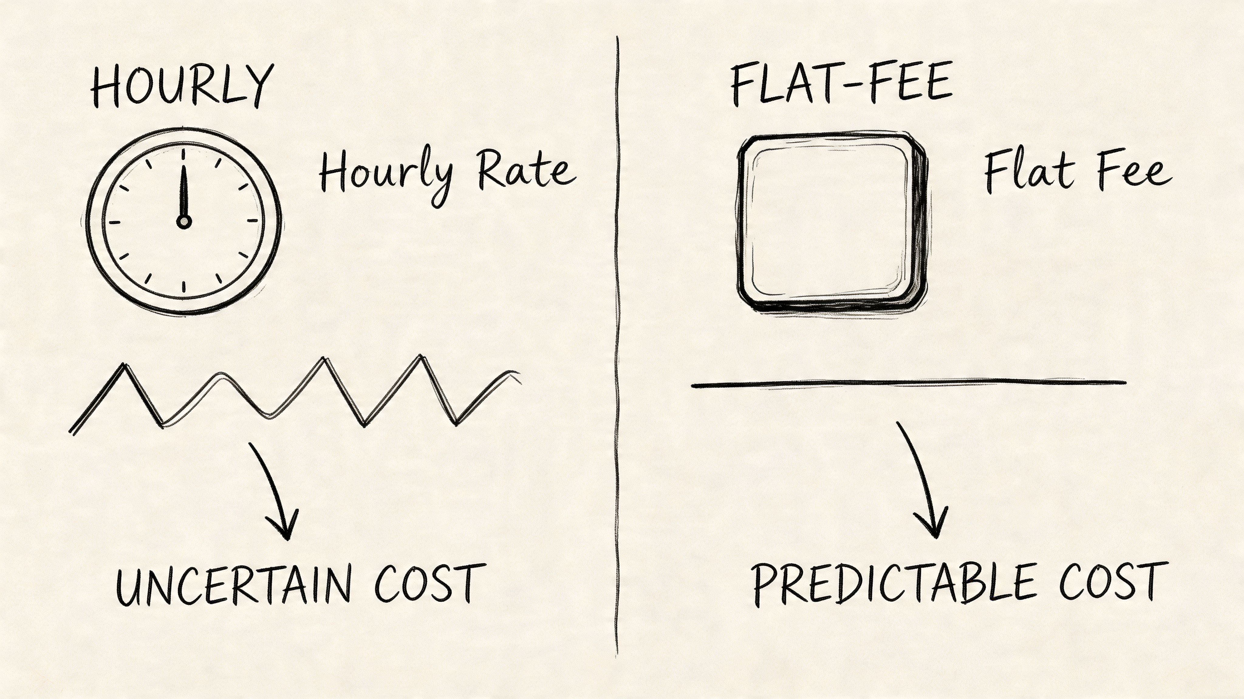A comparison sketch showing fluctuating hourly billing versus a consistent flat-fee billing model for services.