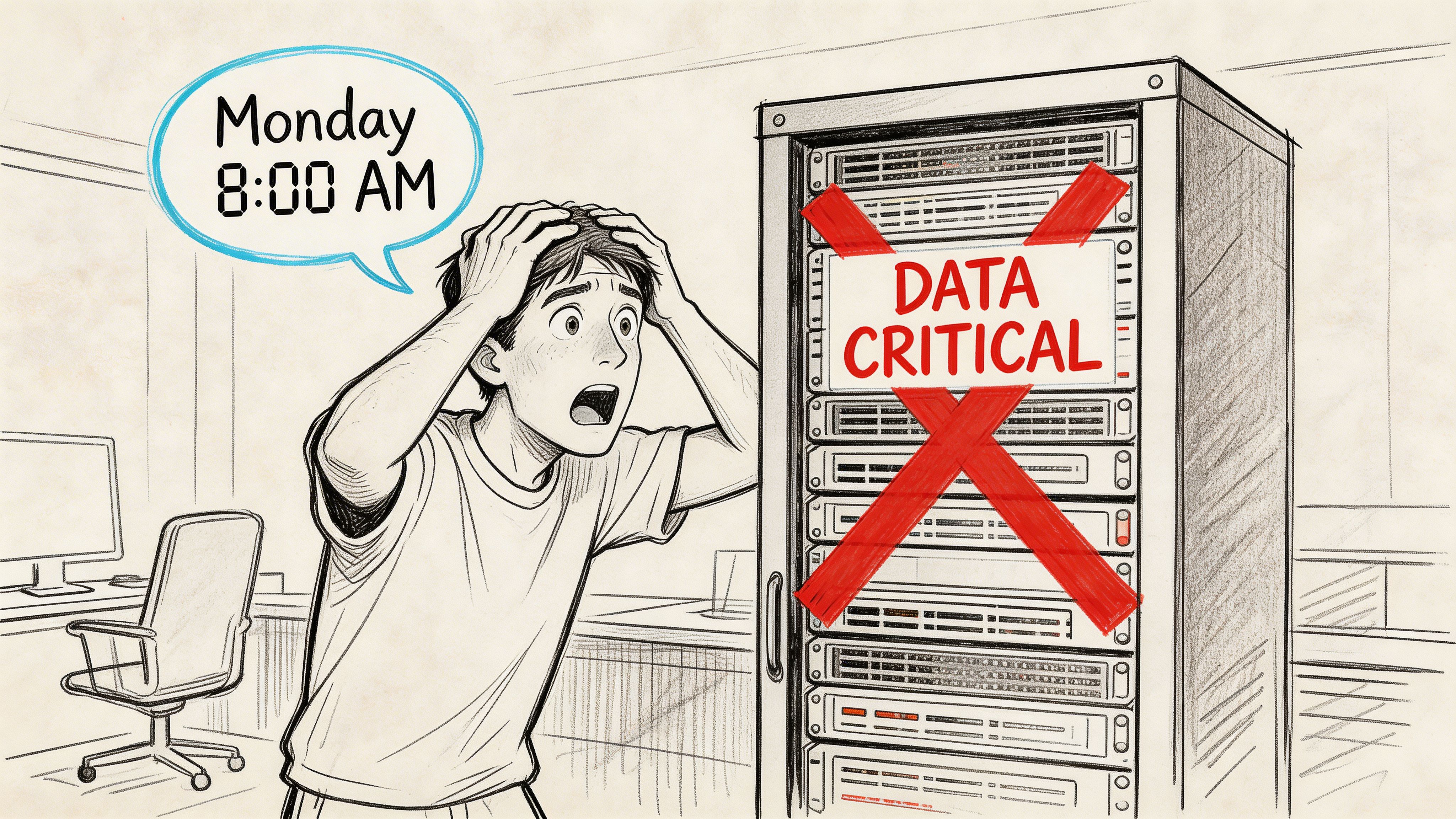 A panicked man looking at a server rack displaying a red critical data alert on Monday morning.