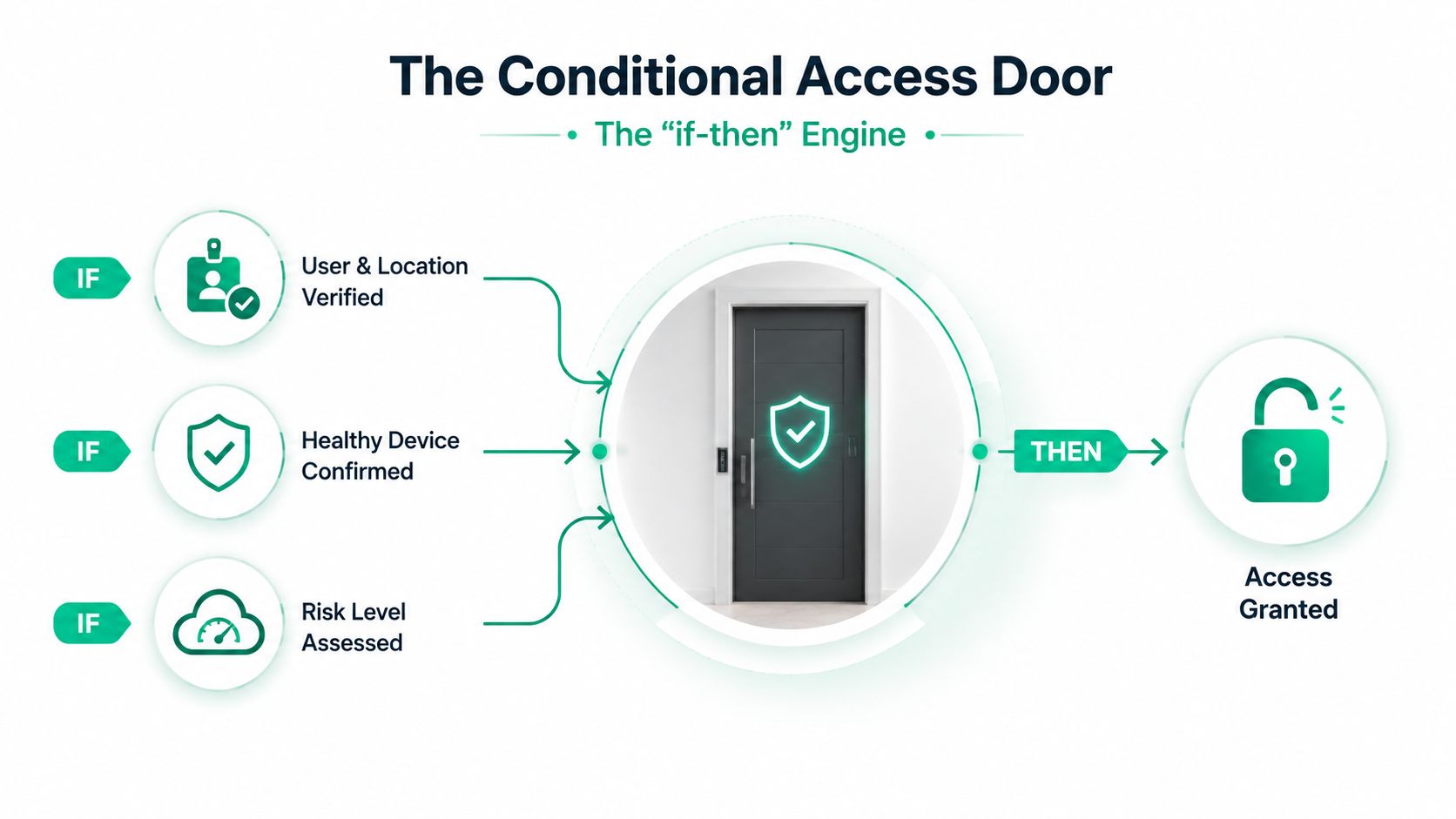 A diagram illustrating the conditional access door concept with verification inputs leading to granted access.