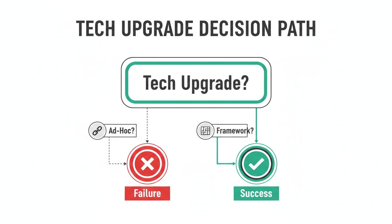 Flowchart showing a tech upgrade decision path: Ad-Hoc leads to Failure, while Framework leads to Success.