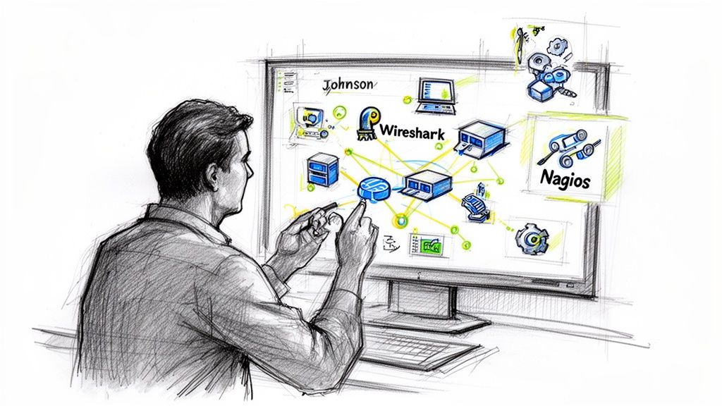 A digital illustration showing a person analyzing a network topology diagram on a computer monitor.