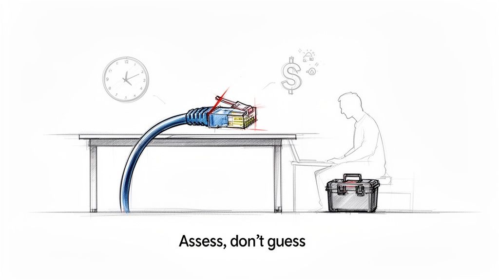 Sketch of a damaged network cable on a desk, a person working on a laptop, illustrating network troubleshooting.