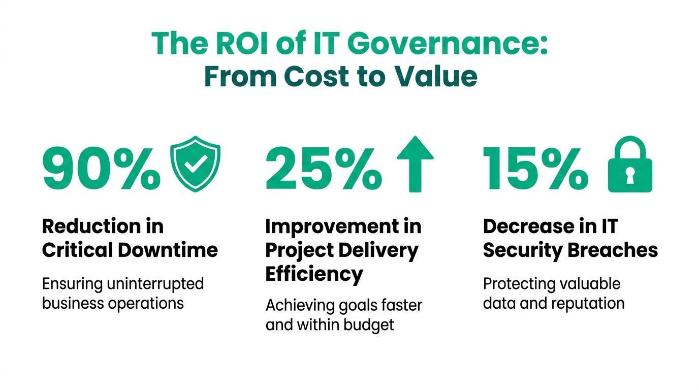 An infographic showing the ROI of IT governance through reduced downtime, improved efficiency, and fewer security breaches.