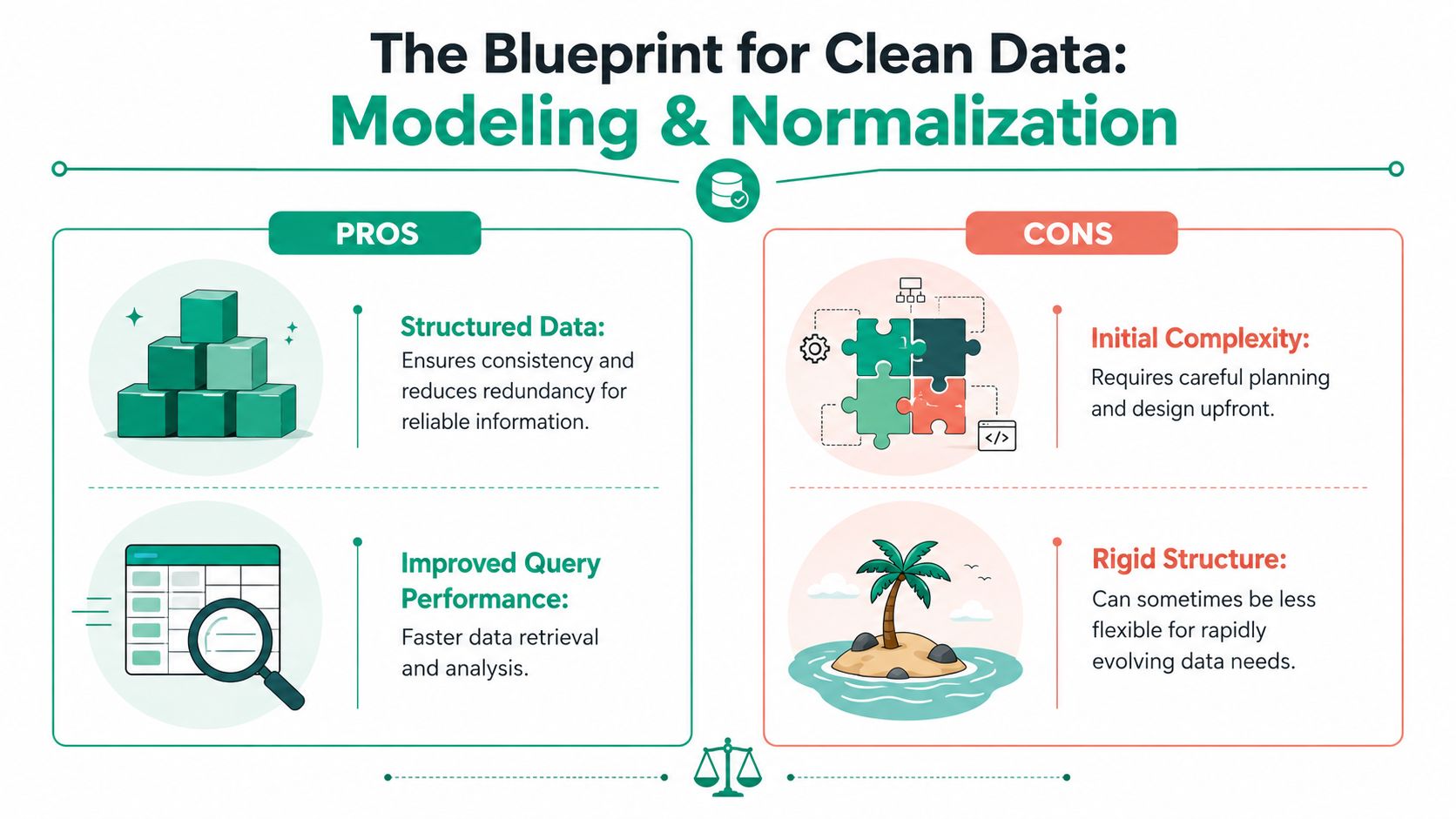 An infographic comparing the pros and cons of database modeling and normalization for clean data management.