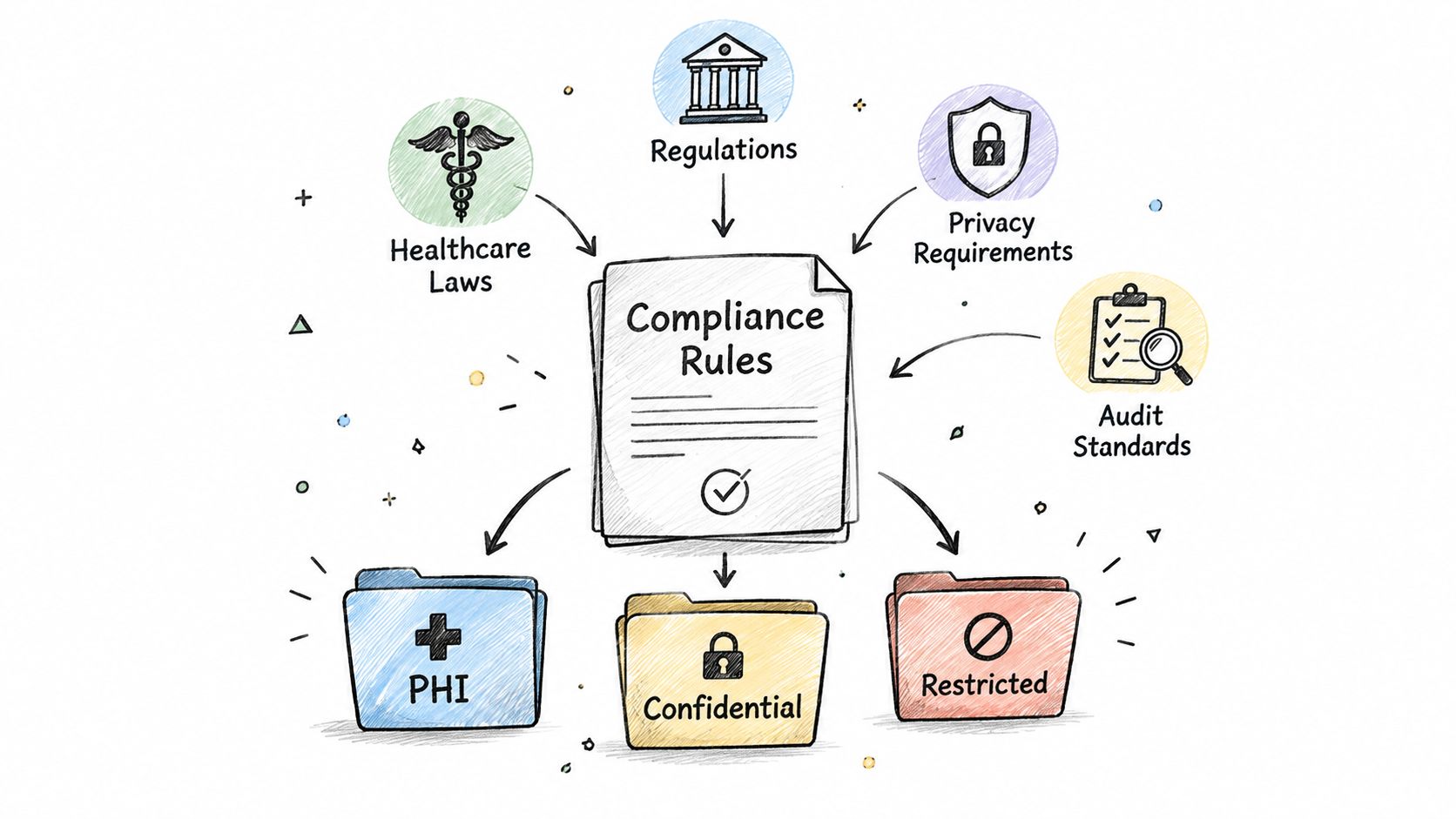 A diagram illustrating a compliance framework with input regulations and output data classification categories for organizational security.