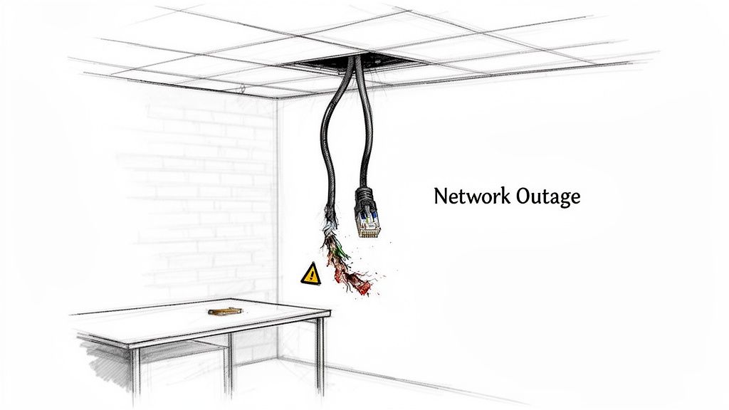 Sketch of severed network cable dripping fluid, an intact cable, and 'Network Outage' text.