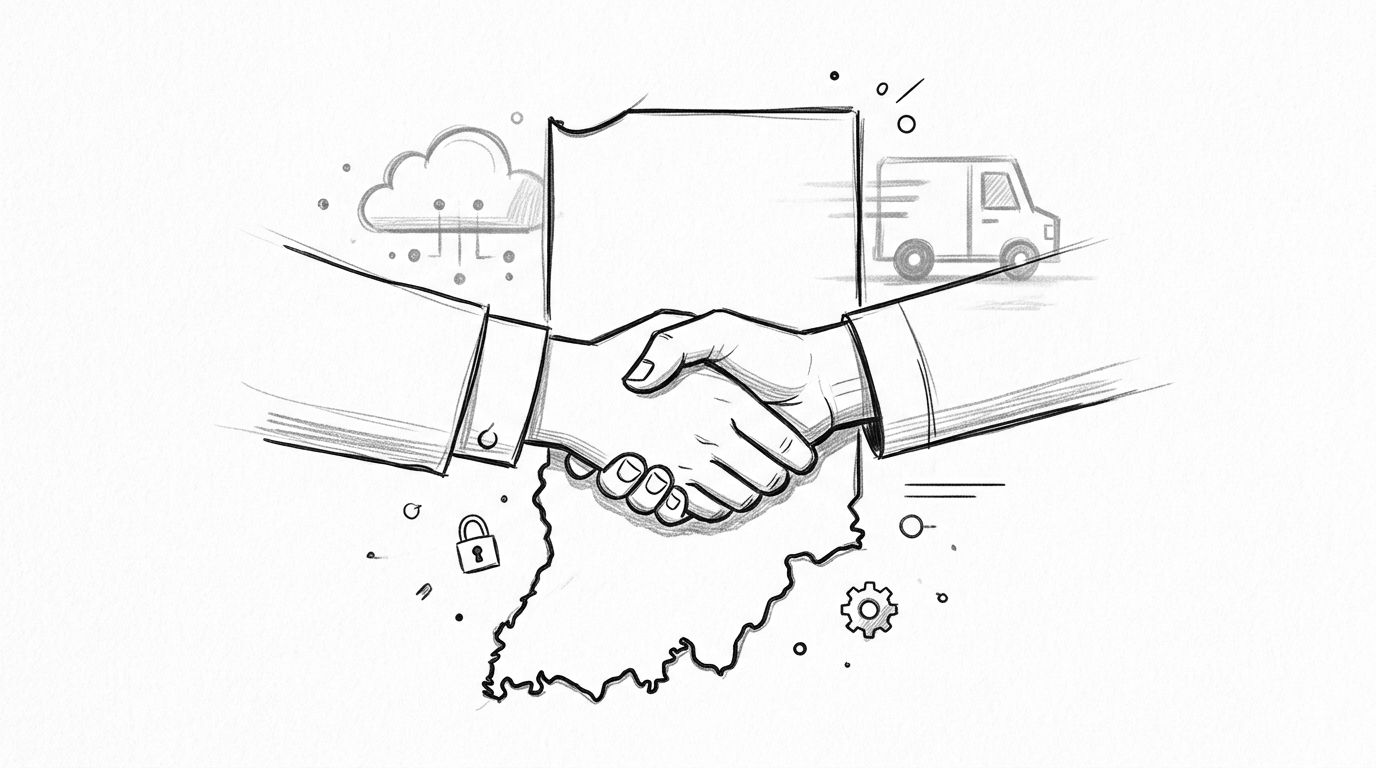 A pencil sketch of a handshake over the outline map of Indiana with business icons.
