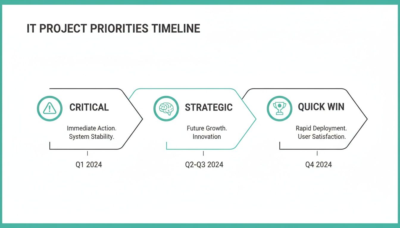 IT project priorities timeline for 2024, categorizing projects as critical, strategic, and quick win.