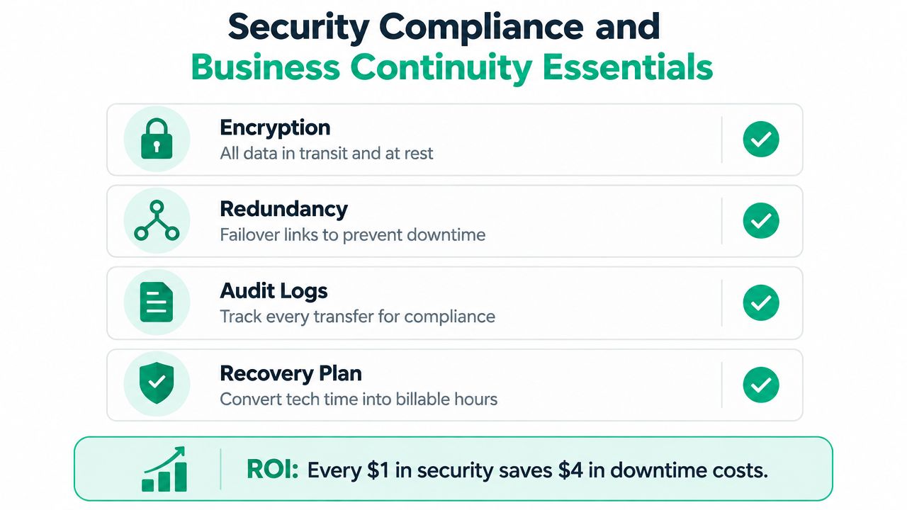 An infographic titled Security Compliance and Business Continuity Essentials highlighting four key security strategies and ROI.