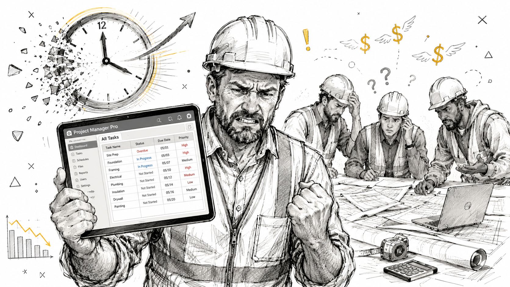 A stressed project manager holding a tablet displaying construction task delays with frustrated workers in the background.