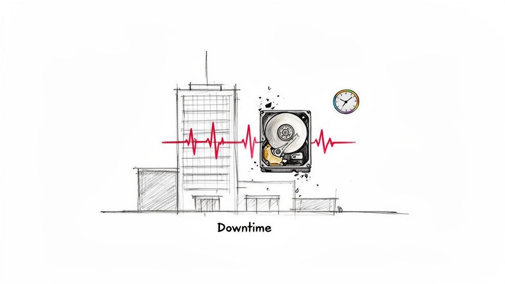 An illustration shows a building, a critical hard drive, and a clock connected by a red heartbeat line, representing downtime.