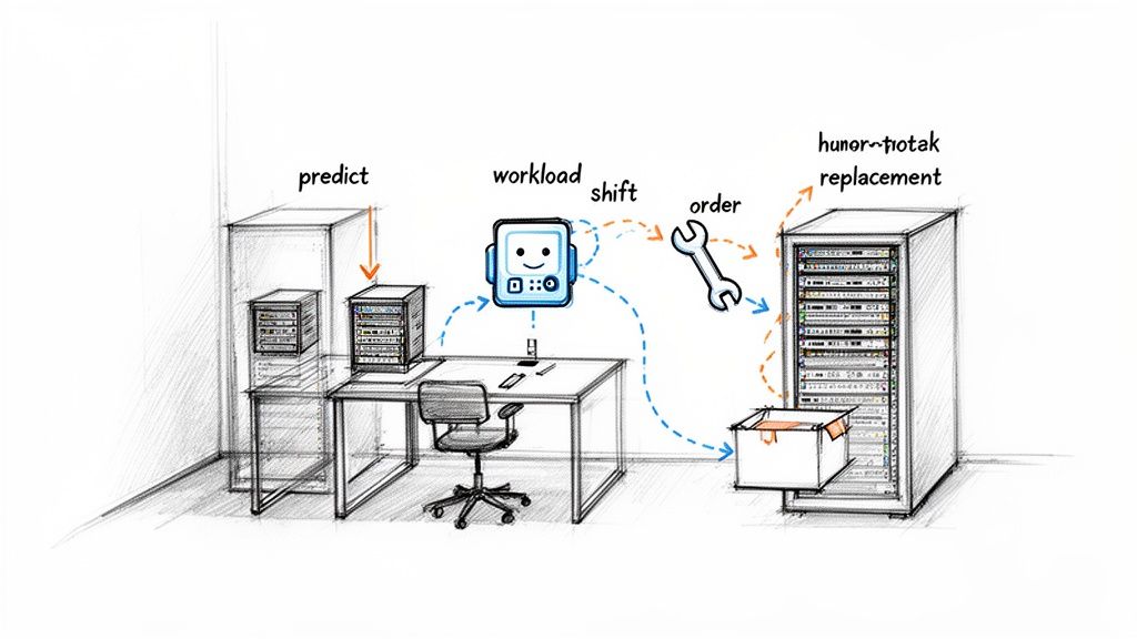 Diagram showing an AI-driven automation process for predicting, managing workload, ordering, and replacing IT hardware.