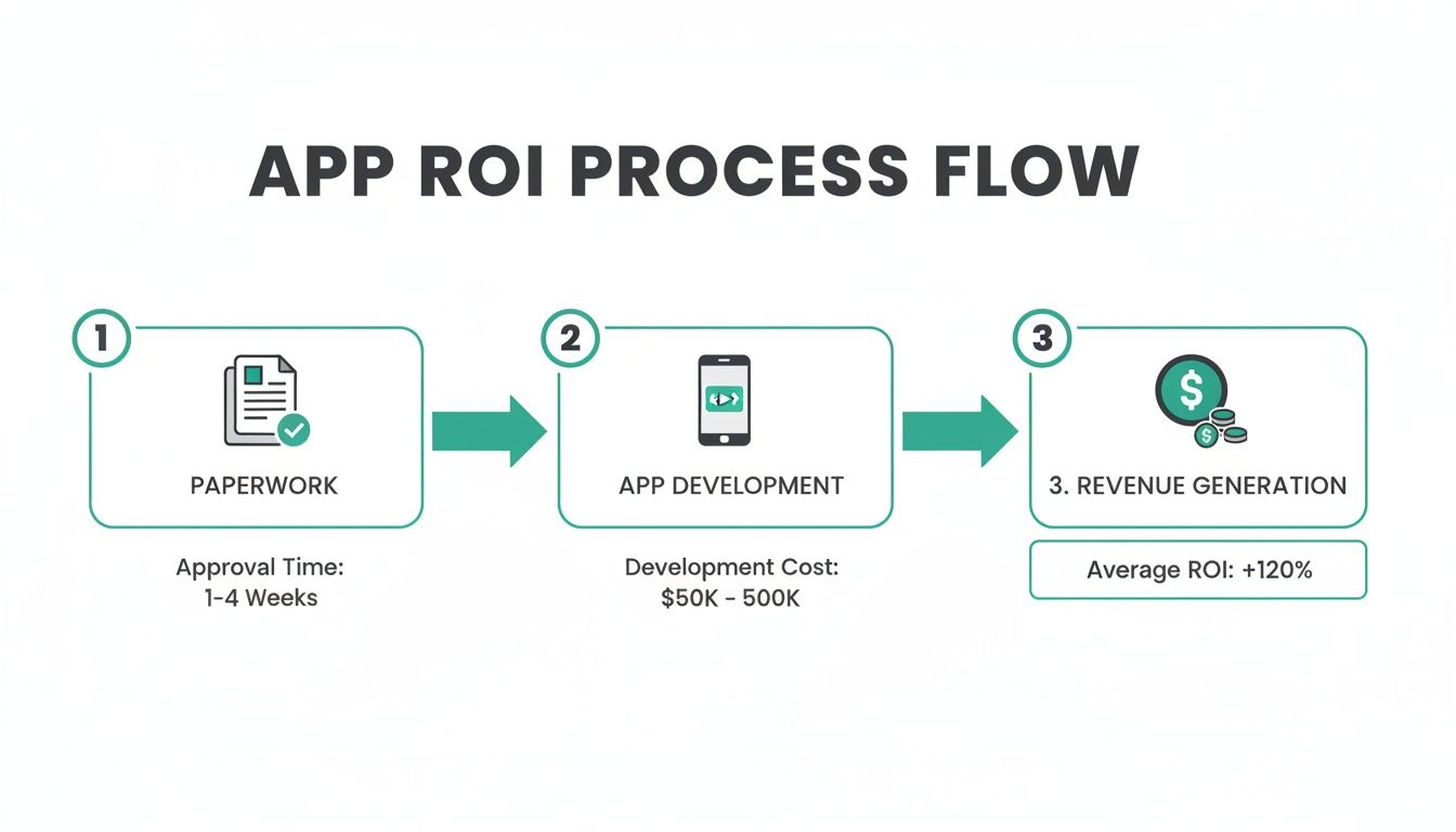 A diagram illustrating the App ROI process flow with steps: paperwork, app development, and revenue generation, including associated metrics.