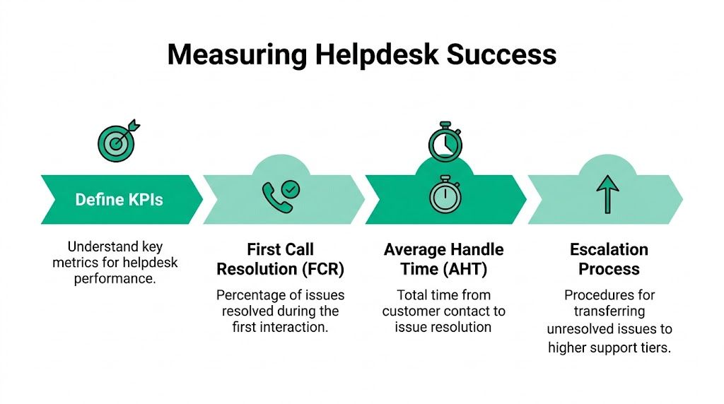 An infographic showing four key steps for measuring helpdesk success, including KPIs, FCR, AHT, and escalation processes.