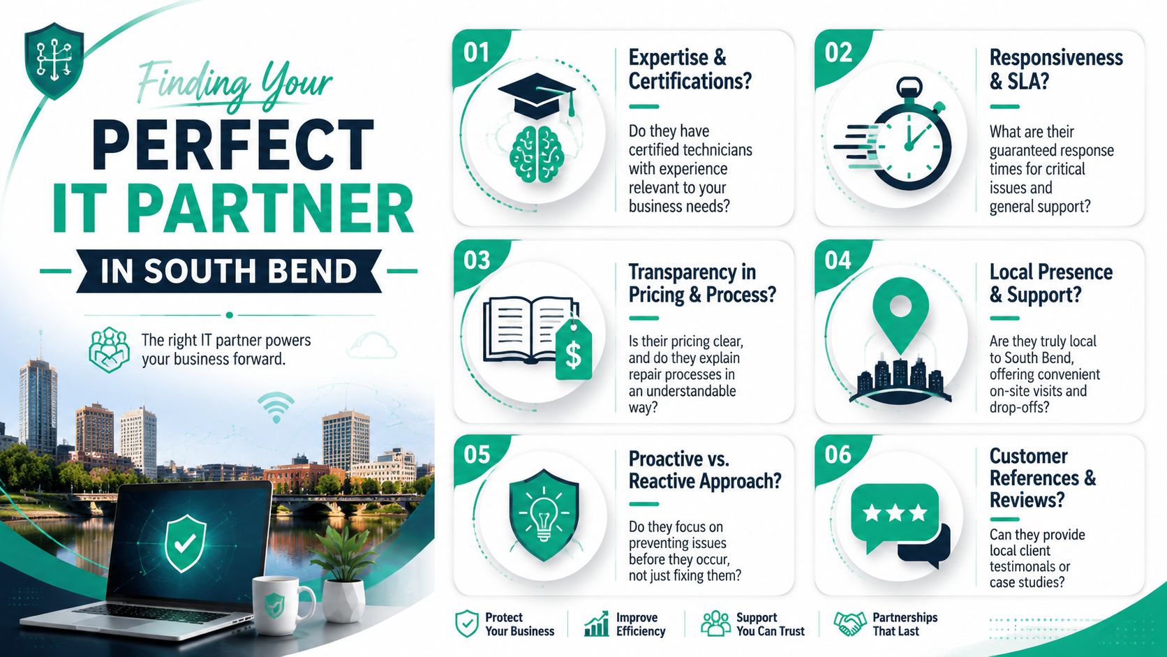 An infographic detailing six essential criteria for choosing an IT service partner in South Bend, Indiana.