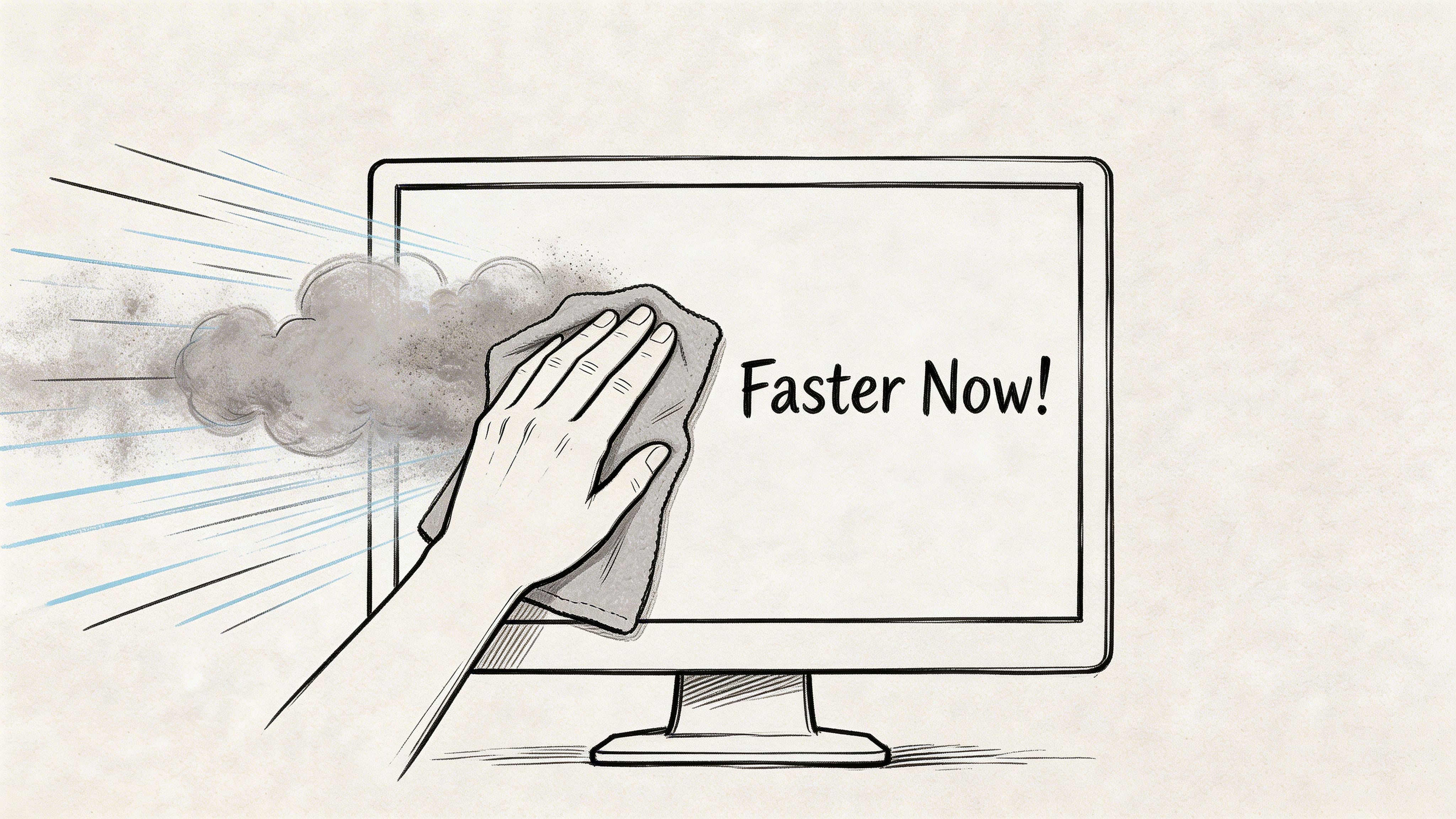 A hand wiping a dusty computer monitor screen with a cloth, symbolizing improved system speed and performance.