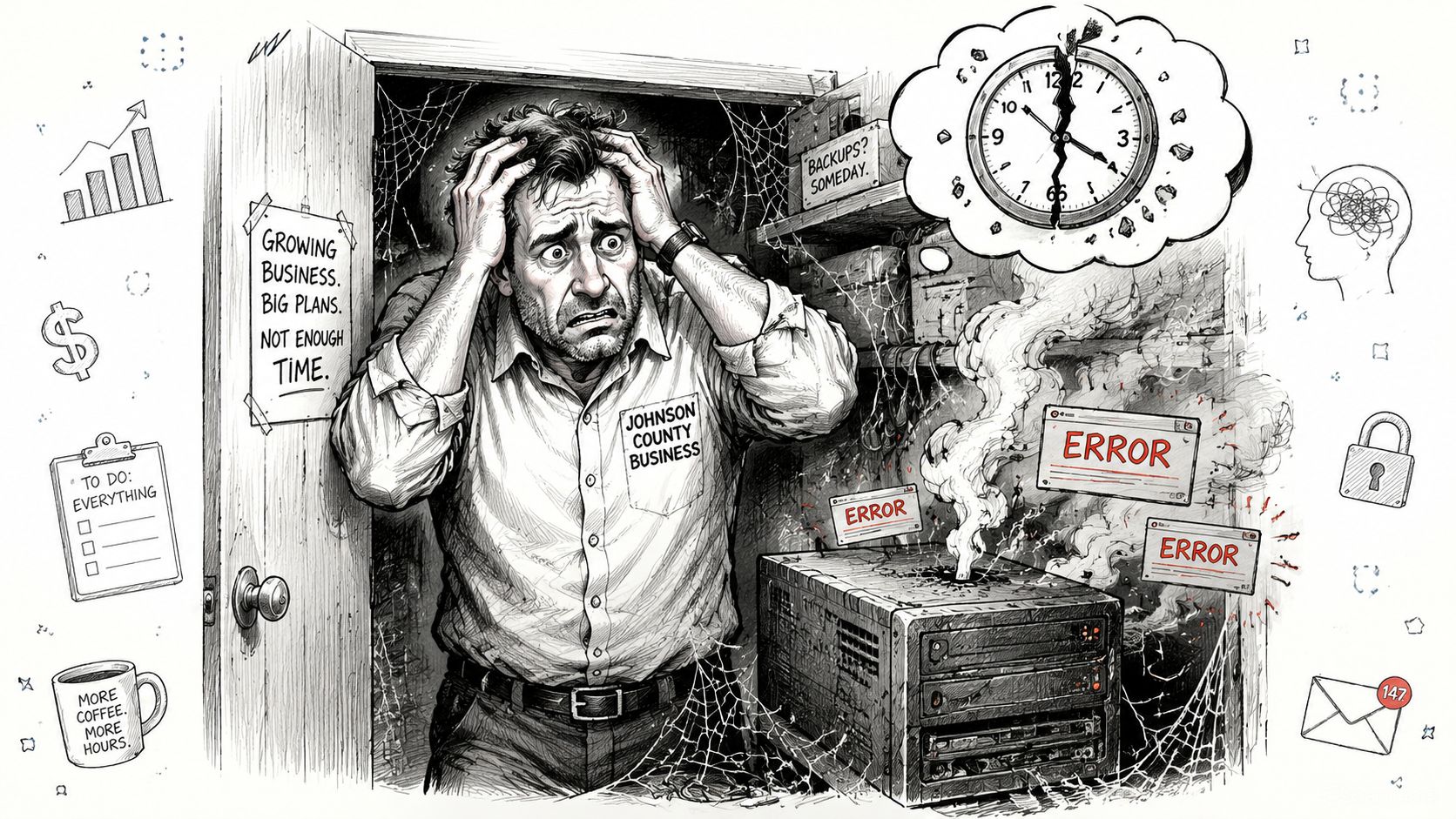 A stressed business owner overwhelmed by technical failures, server errors, and lack of time in his office.