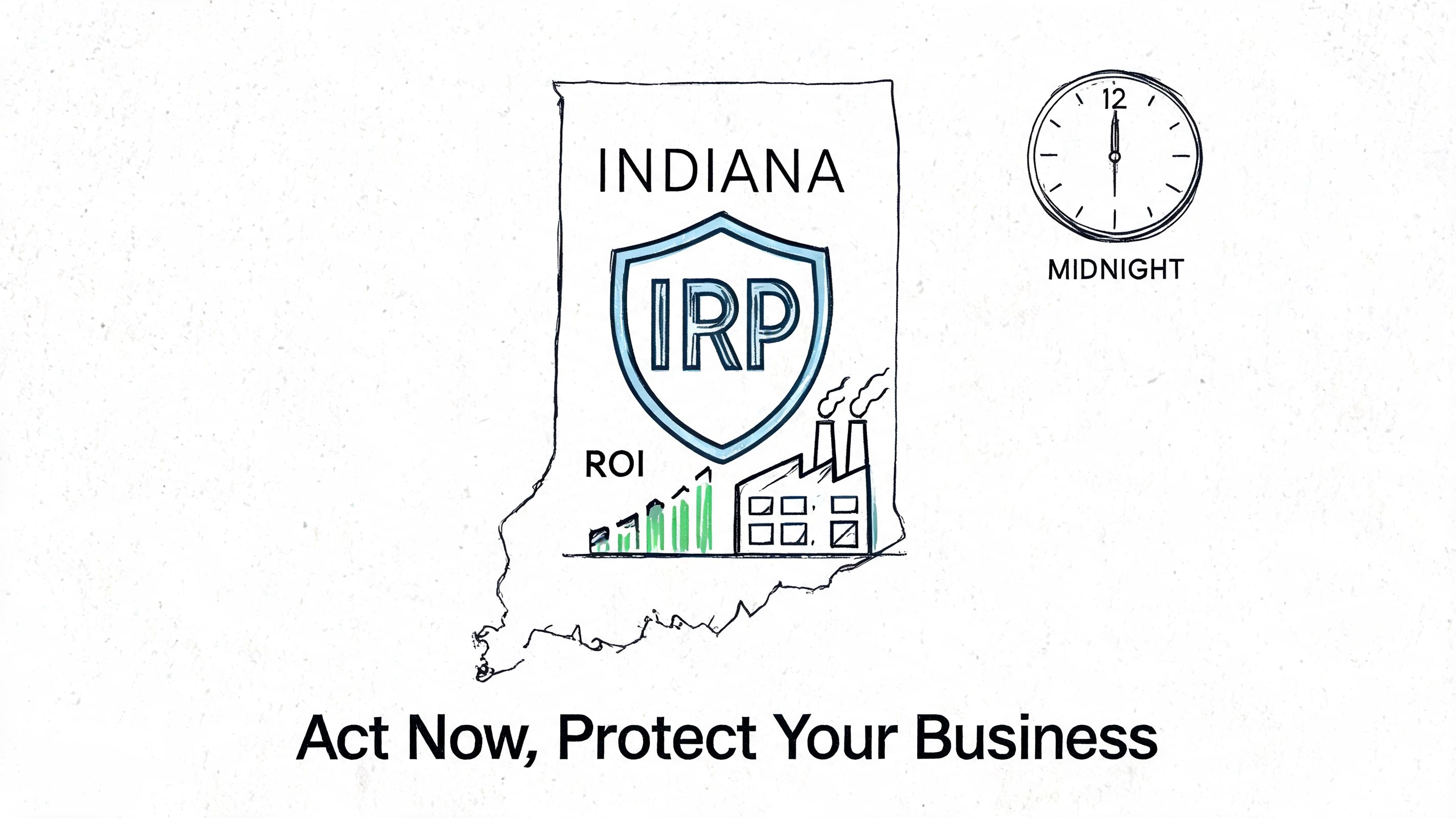 A hand-drawn illustration showing an Indiana map outline with an IRP shield, factory, growth chart, and clock.