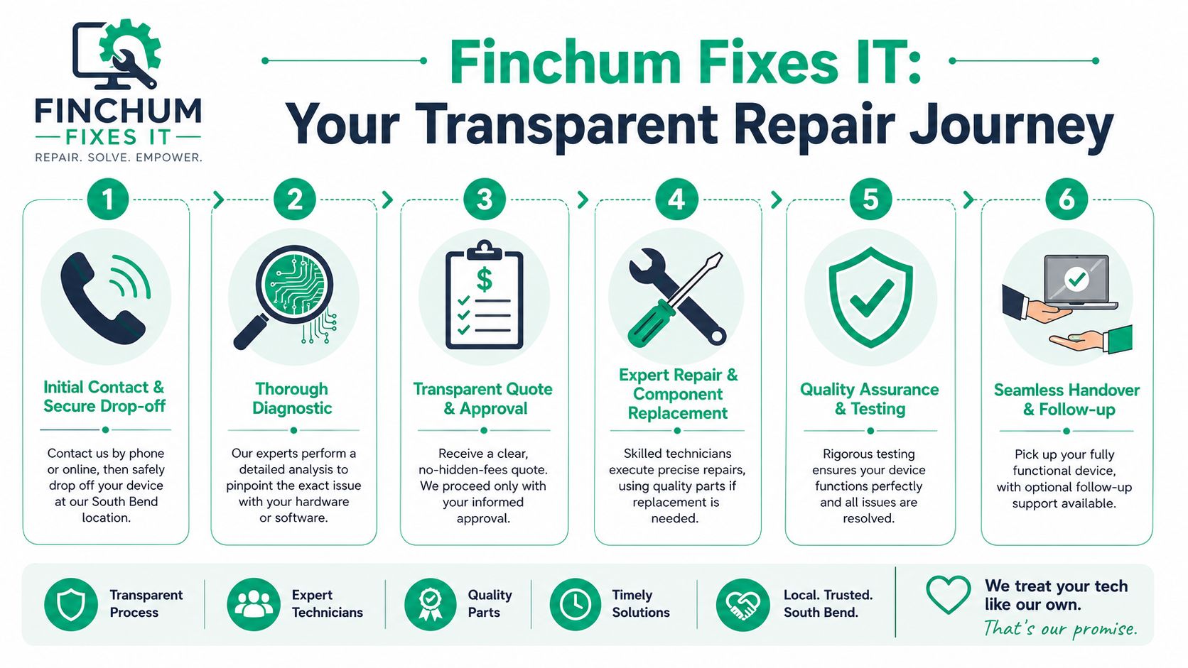 A six-step infographic detailing the transparent repair process at Finchum Fixes IT in South Bend, Indiana.