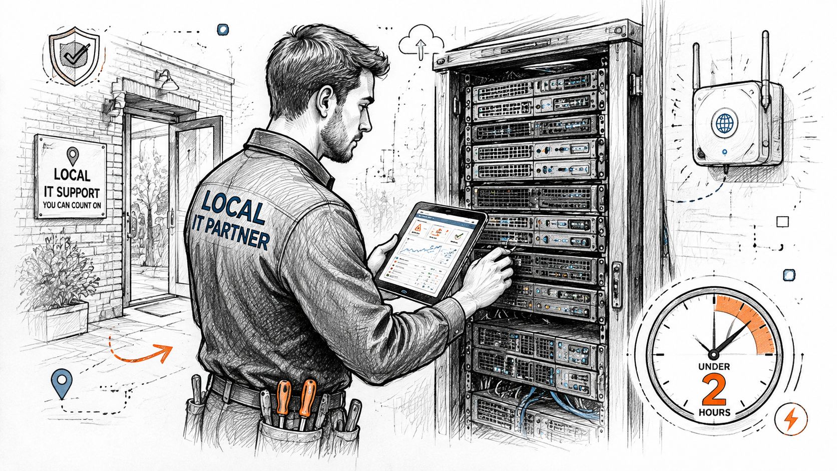 A technician with a tablet performing maintenance on a server rack with local IT support branding.