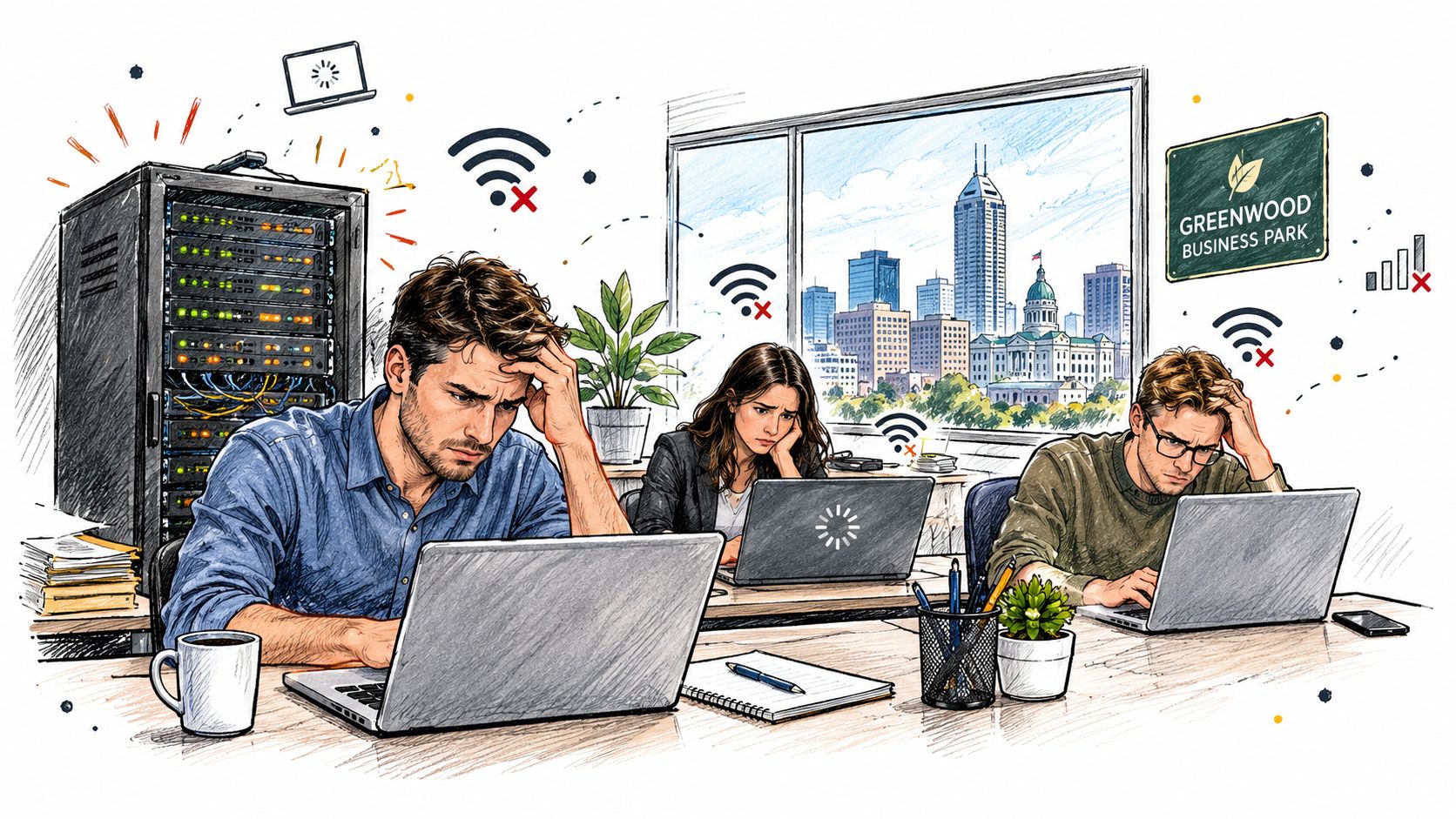 Stressed office workers dealing with technology issues, internet outages, and server problems in a busy business park.