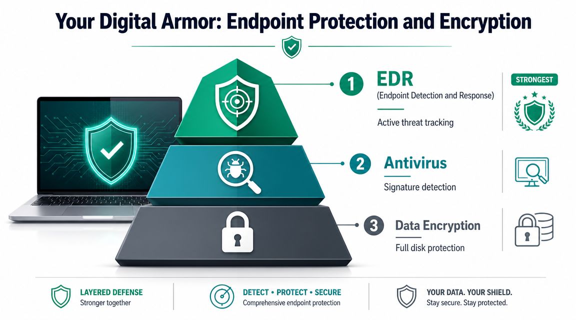 A layered pyramid graphic illustrating endpoint security levels including EDR, antivirus, and data encryption for laptop protection.