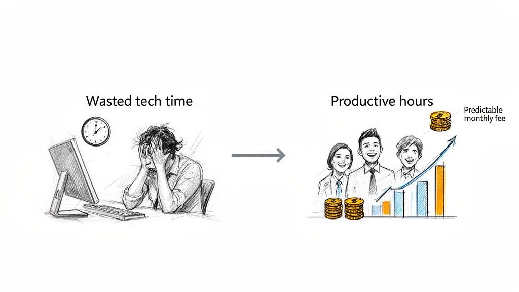 Illustration showing a transition from wasted tech time and frustration to productive hours and financial growth with managed IT services.