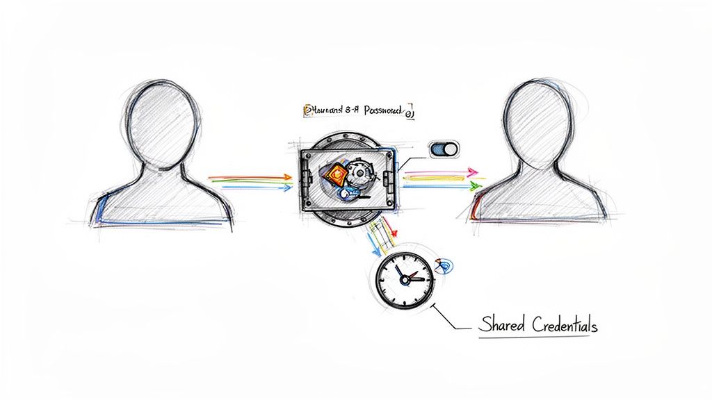 A sketch illustrating shared credential management with two users, a password vault, and a clock for time-based access.