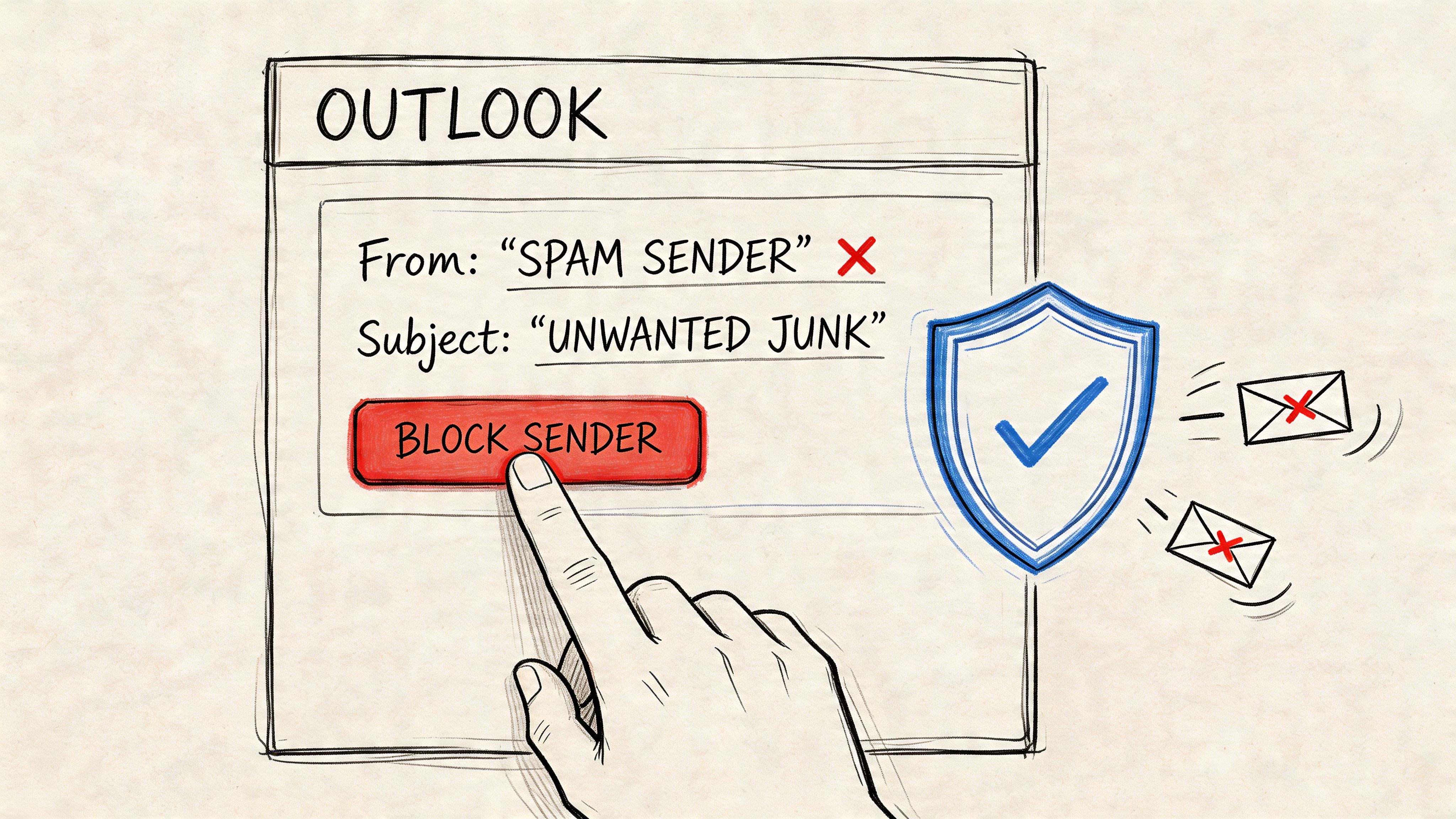 A hand clicking a block sender button on an Outlook email interface to prevent spam messages.