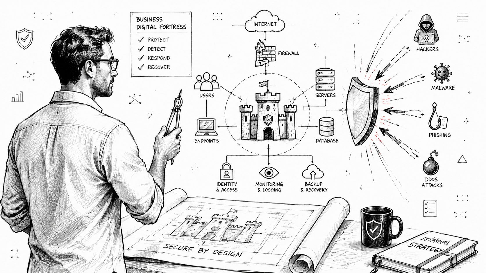 A professional analyzing a digital fortress blueprint representing cybersecurity strategies to defend against various cyber threats.