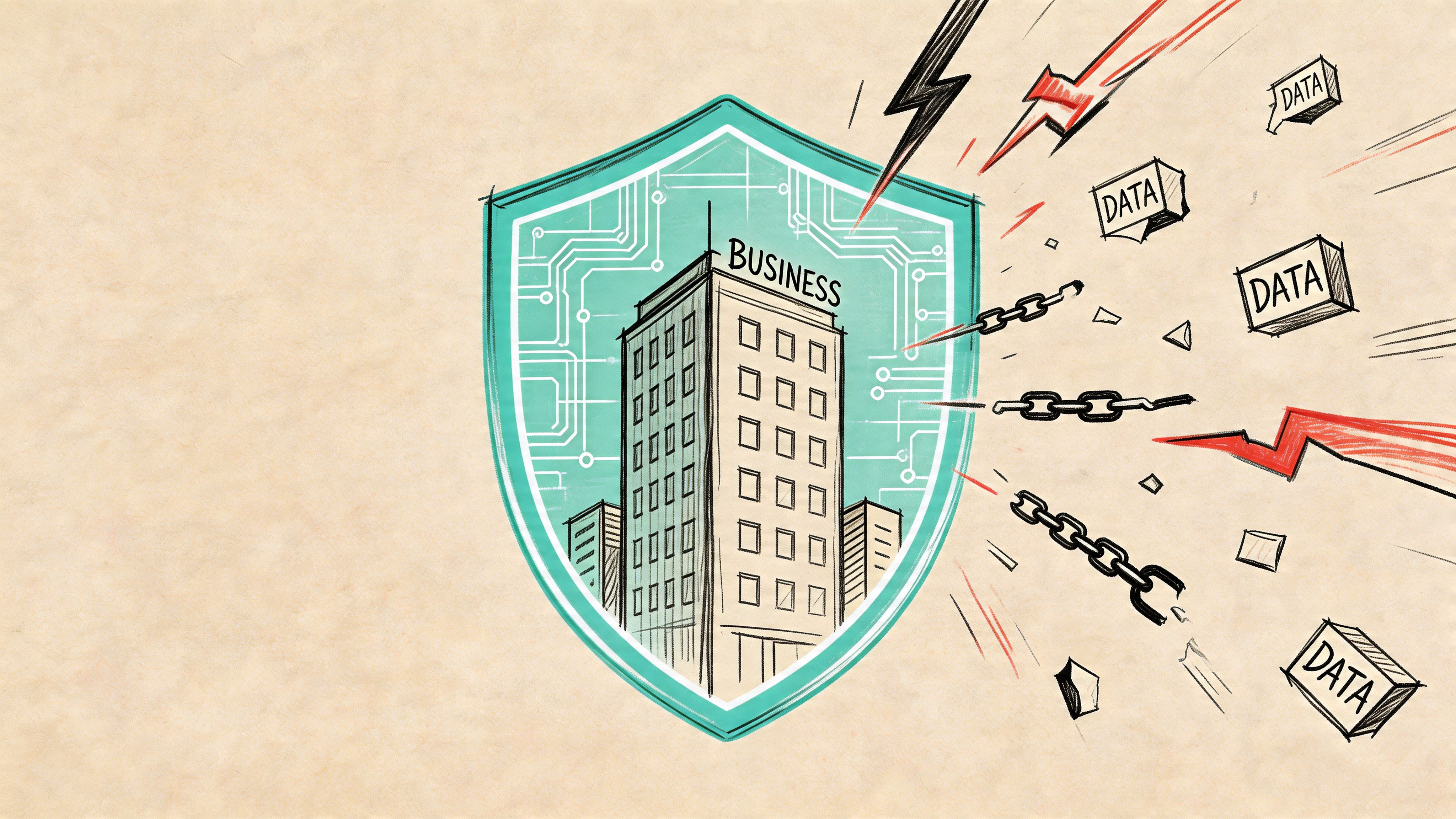 A conceptual illustration of a business building protected by a digital shield from data security threats.