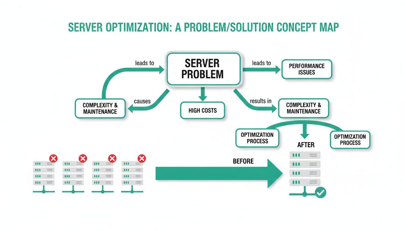 A concept map illustrating server optimization, showing problems like high costs and performance issues before optimization, and a single, efficient server after.
