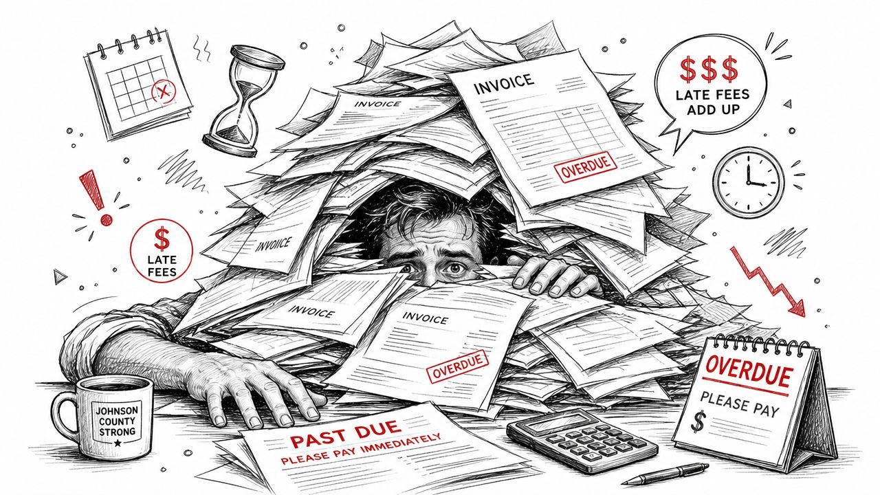 A person overwhelmed and stressed by a large pile of overdue invoices and financial documents on desk.