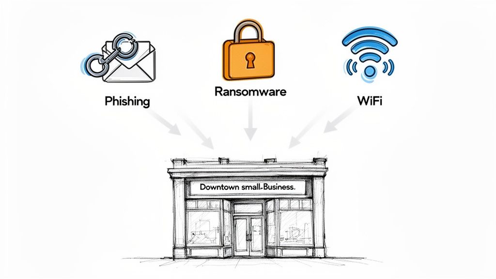 Cybersecurity threats like phishing, ransomware, and insecure WiFi target a small business building.