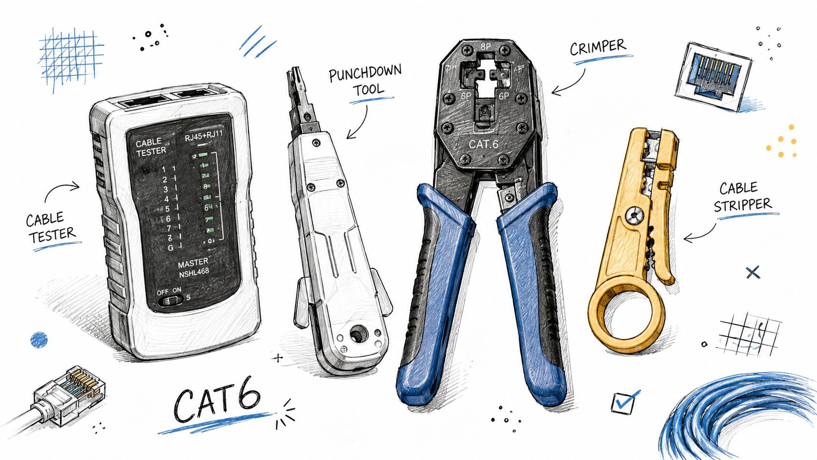 A collection of essential tools for installing Cat6 network cables including a tester, punchdown tool, crimper, and stripper.