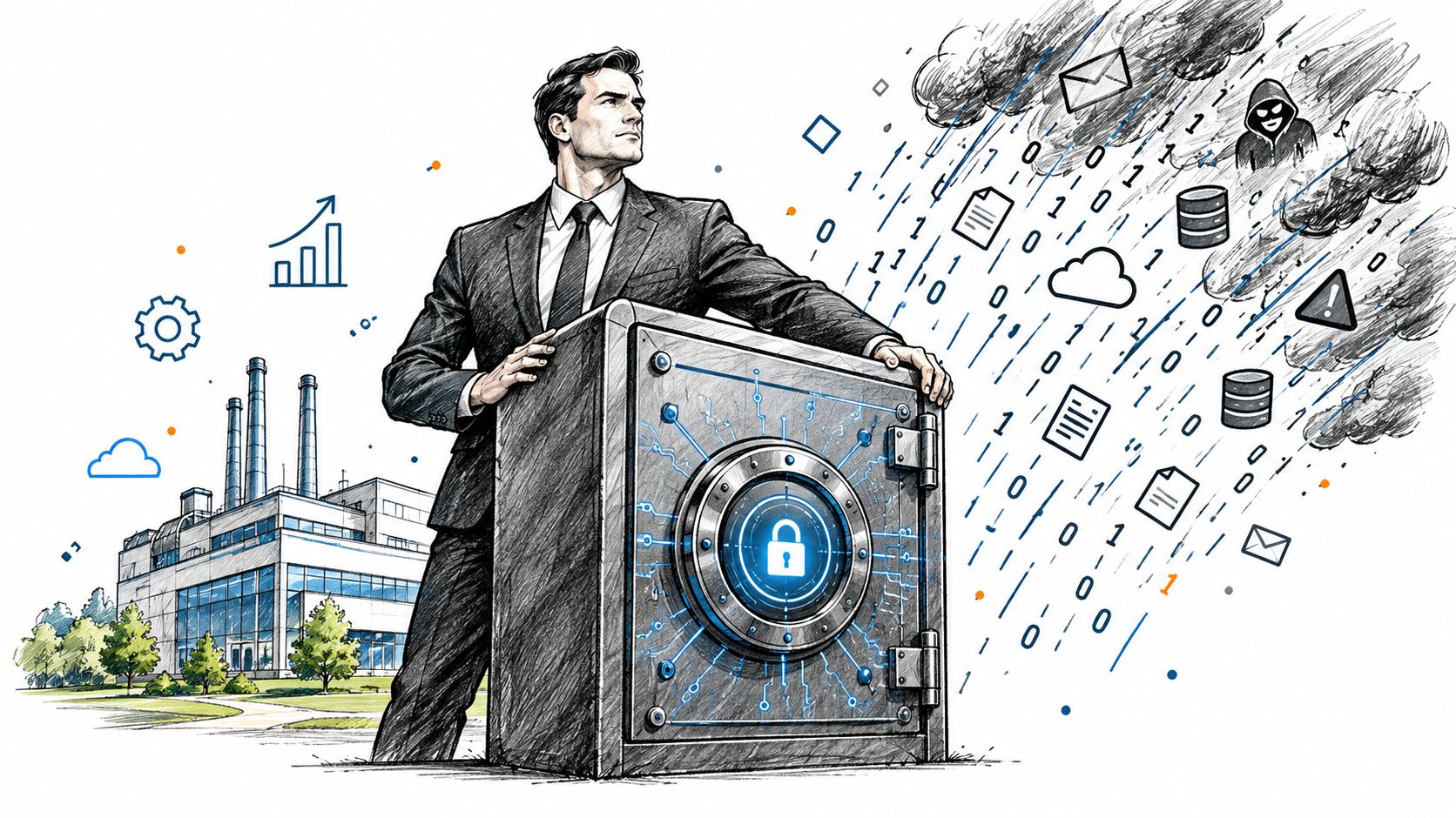 A professional businessman protecting corporate data with a digital safe amidst cyber threats and industrial infrastructure.