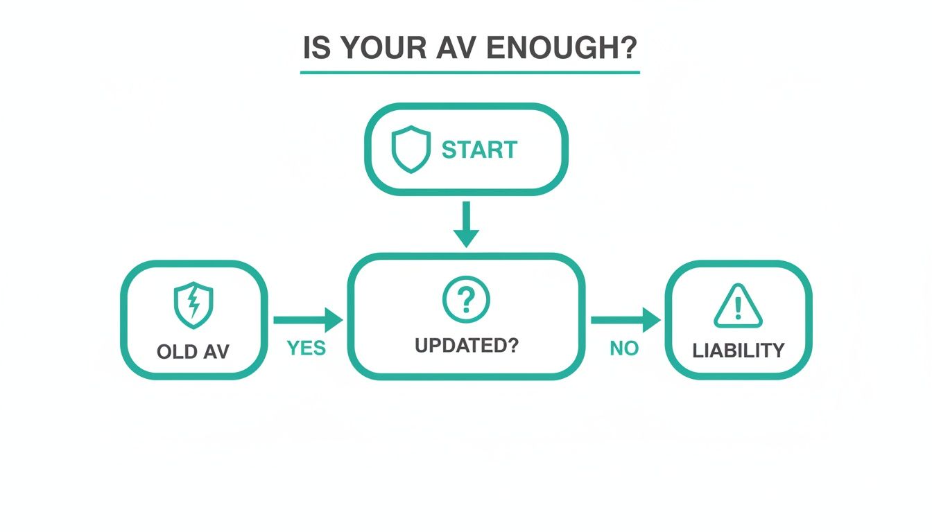 Flowchart demonstrating that old or outdated antivirus software poses a security liability risk.