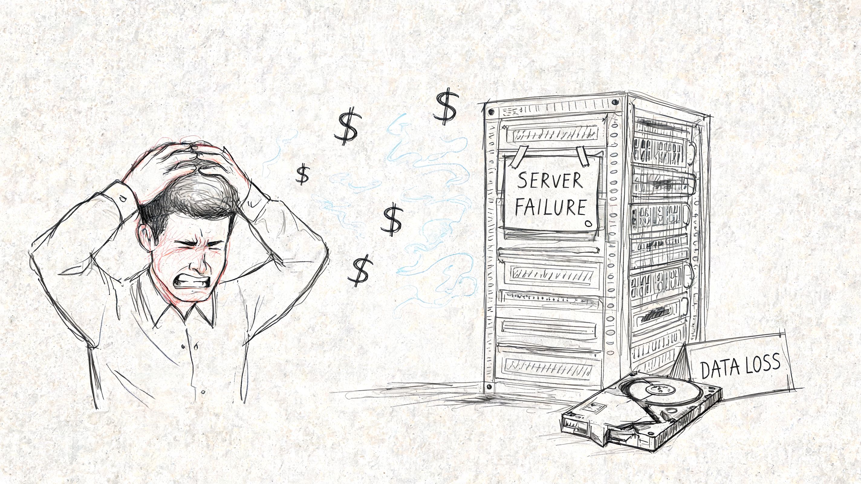 A frustrated businessman holding his head due to server failure and significant data loss incidents.